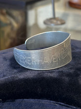 Load image into Gallery viewer, Vintage WWII Era 1940s US Military Trench Art Handmade Aluminum Sweetheart Cuff Bracelet Bremerhaven Germany “My Darling”