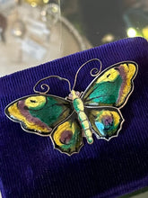 Load image into Gallery viewer, Vintage 1950s Signed David Andersen Norway Sterling Silver & Glass Enamel Butterfly Brooch | Green, Yellow, Purple, and Black