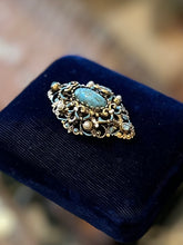 Load image into Gallery viewer, Vintage Austrian Brass Filigree Brooch Blue Rhinestones, Faux Pearls, & Blue Mottled Cabochon Center