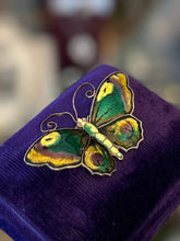 Load image into Gallery viewer, Vintage 1950s Signed David Andersen Norway Sterling Silver & Glass Enamel Butterfly Brooch | Green, Yellow, Purple, and Black