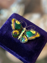 Load image into Gallery viewer, Vintage 1950s Signed David Andersen Norway Sterling Silver & Glass Enamel Butterfly Brooch | Green, Yellow, Purple, and Black