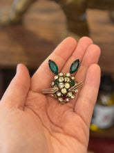 Load image into Gallery viewer, Vintage 1950s Unsigned Round Prong Set Clear, Emerald Green, & Red Rhinestones Dimensional Bunny with Whiskers Brooch Pin