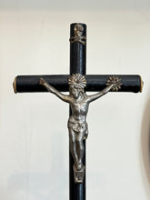 Load image into Gallery viewer, Antique Black Ebony Wood & Metal Altar Standing Tabletop Pedestal Crucifix Skull and Crossbones 11” Tall