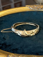 Load image into Gallery viewer, Vintage Midcentury Textured Gold Tone Wave Motif Hinged Bangle Bracelet Unsigned