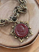 Load image into Gallery viewer, Vintage Midcentury Gold Tone Victorian Revival Red Glass Intaglio Cameo Fob Charm Bracelet 7”