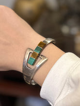 Load image into Gallery viewer, Vintage Signed TAXCO Mexico TN-6 950 Sterling Silver Tiger’s Eye & Malachite Hinged Geometric Bangle Bracelet