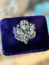 Load image into Gallery viewer, Vintage Art Nouveau Revival Repousse Silver Plated Woman Nymph Sunflower Floral Brooch Pin