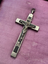 Load image into Gallery viewer, Vintage Nickel Silver & Ebony Crucifix Pendant Skull Crossbones Sacred Heart Religious
