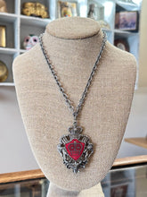 Load image into Gallery viewer, Vintage Midcentury Statement Lion Coat of Arms Shield Crown Silver Tone & Red Enamel Pendant Necklace 18.25”