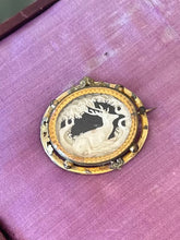 Load image into Gallery viewer, ANTIQUE Victorian Hand Carved Bone Stag Deer Tree Pictorial Landscape Gold Tone Gilt Metal Pinchbeck Brooch C-Clasp
