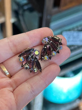 Load image into Gallery viewer, Vintage Midcentury Signed WEISS Purple & AB Aurora Borealis Rhinestone Brooch and Clip-on Earrings Set