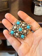 Load image into Gallery viewer, Vintage Signed HOBE Rhinestone Faux Pearls & Faux Turquoise Cabochon Brooch
