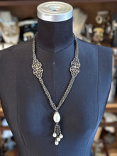 Load image into Gallery viewer, Vintage 1930s Art Deco Brass Filigree Panel Baroque Teardrop Faux Pearl Pendant Necklace 23.75”