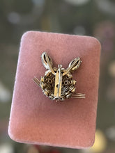 Load image into Gallery viewer, Vintage 1950s Unsigned Round Prong Set Clear, Emerald Green, & Red Rhinestones Dimensional Bunny with Whiskers Brooch Pin