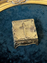Load image into Gallery viewer, Antique Art Nouveau Gold Gilt Brass Footed Jewelry Trinket Box or Rosary Case Religious Cross | Silk Lined