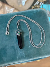 Load image into Gallery viewer, Vintage Sterling Silver & Black Onyx Faceted Pointed Tower Green Rhinestone Pendant Necklace 20”