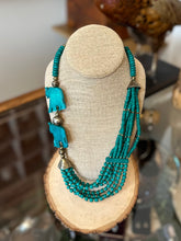 Load image into Gallery viewer, Unique Vintage Boho Teal & Silver Tone Beaded Multi-Strand Hand Carved Elephant Necklace 24.25” Hook Closure