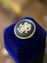 Load image into Gallery viewer, Vintage Circa 1967 Signed Wedgwood England Silver Black & White Jasperware Cupid Stringing His Bow Cameo Brooch 1960s