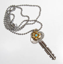 Load image into Gallery viewer, ‘GARDEN KEY’ Handmade Charm Cluster Necklace Vintage Terryville Conn Key Blue Rhinestone Flower Charm