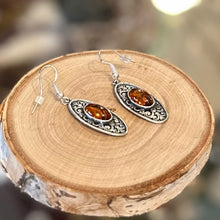 Load image into Gallery viewer, Vintage Sterling Silver & Genuine Baltic Amber Art Nouveau Style Scroll Dangle Earrings