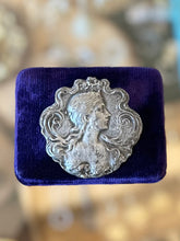 Load image into Gallery viewer, Vintage Art Nouveau Revival Repousse Silver Plated Woman Nymph Flowing Hair Floral Brooch Pin or Pendant
