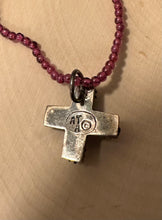 Load image into Gallery viewer, Vintage Signed ATA Sterling Silver and Genuine Garnet Fine Beaded Byzantine Cross Necklace Toggle Closure