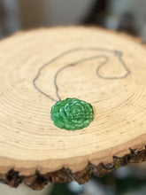 Load image into Gallery viewer, Vintage Carved Green Slag Glass Cabbage Rose Pendant Necklace Dainty Silver Tone Chain 15.25”