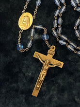 Load image into Gallery viewer, Antique Stamped XXX Triple Plated Gold Tone & Blue Faceted Crystal Rosary Beads Crucifix Engraved Monogram MJH Art Deco 22"