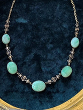 Load image into Gallery viewer, Antique Vintage Art Deco 1920s 1930s Filigree Brass Natural Jadeite Jade Oval Cabochon Necklace 16.75”