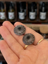 Load image into Gallery viewer, Vintage Midcentury Signed JJ Native American Sterling Silver Black Onyx Cabochon Etched Circle Earrings Studs