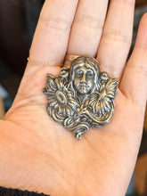 Load image into Gallery viewer, Vintage Art Nouveau Revival Repousse Silver Plated Woman Nymph Sunflower Floral Brooch Pin