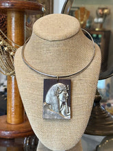 Load image into Gallery viewer, Vintage Midcentury Circa 1970s Large Wood & Silver Tone Metal Egyptian Revival Pharoah Pendant on Silver Tone Choker Adjustable