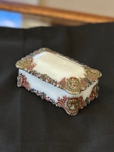 Load image into Gallery viewer, Antique Victorian Era Milk Glass with Ornate Lion Head Embellishment Jewelry Casket Lidded Dish
