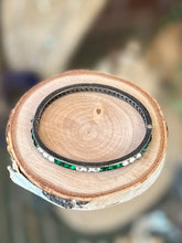 Load image into Gallery viewer, Art Deco Sterling Silver Emerald Green & Clear Square Faceted Rhinestone Engraved Hinged Bangle Bracelet