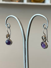 Load image into Gallery viewer, Vintage Sterling Silver Amethyst & Clear Quartz Cabochon Dangle Drop Earrings