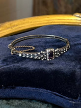 Load image into Gallery viewer, Vintage European Edwardian Art Deco 935 Sterling Silver Amethyst & Clear Rhinestone Jewelled Bow Motif Hinged Bangle Bracelet