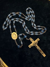 Load image into Gallery viewer, Antique Stamped XXX Triple Plated Gold Tone & Blue Faceted Crystal Rosary Beads Crucifix Engraved Monogram MJH Art Deco 22"