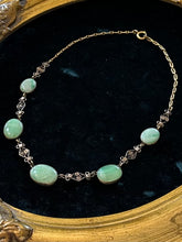 Load image into Gallery viewer, Antique Vintage Art Deco 1920s 1930s Filigree Brass Natural Jadeite Jade Oval Cabochon Necklace 16.75”