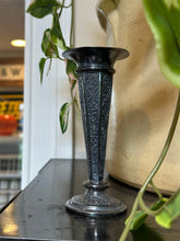 Load image into Gallery viewer, Antique Victorian Silverplate Floral Engraved Bud Trumpet Vase 5”