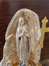 Load image into Gallery viewer, Vintage Art Deco Shiny Silver Tone Metal Statue Lourdes Apparition of Virgin Mary to St Bernadette 6” France
