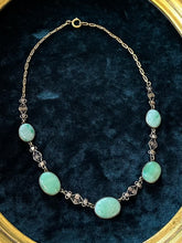 Load image into Gallery viewer, Antique Vintage Art Deco 1920s 1930s Filigree Brass Natural Jadeite Jade Oval Cabochon Necklace 16.75”