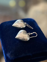 Load image into Gallery viewer, Vintage Sterling Silver Etched Puffy Heart Dangle Drop Earrings