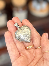 Load image into Gallery viewer, Vintage Sterling Silver Hand Engraved Scroll Etched Heart Locket Pendant Double Photo
