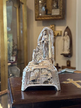 Load image into Gallery viewer, Vintage Art Deco Shiny Silver Tone Metal Statue Lourdes Apparition of Virgin Mary to St Bernadette 6” France