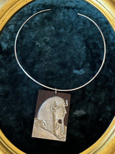 Load image into Gallery viewer, Vintage Midcentury Circa 1970s Large Wood & Silver Tone Metal Egyptian Revival Pharoah Pendant on Silver Tone Choker Adjustable