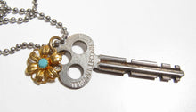 Load image into Gallery viewer, ‘GARDEN KEY’ Handmade Charm Cluster Necklace Vintage Terryville Conn Key Blue Rhinestone Flower Charm