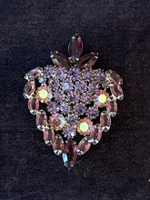 Load image into Gallery viewer, Vintage Midcentury Signed WEISS Purple & AB Aurora Borealis Rhinestone Brooch and Clip-on Earrings Set