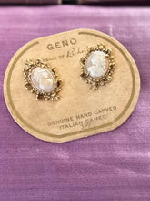 Load image into Gallery viewer, Vintage 1960s Deadstock New Old Stock GENO Richelieu Genuine Hand Carved Italian Cameo Gold Tone Clip on Screwback Earrings