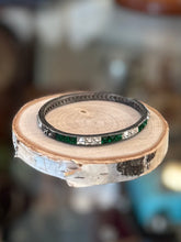 Load image into Gallery viewer, Art Deco Sterling Silver Emerald Green & Clear Square Faceted Rhinestone Engraved Hinged Bangle Bracelet