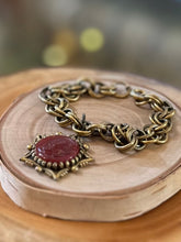 Load image into Gallery viewer, Vintage Midcentury Gold Tone Victorian Revival Red Glass Intaglio Cameo Fob Charm Bracelet 7”